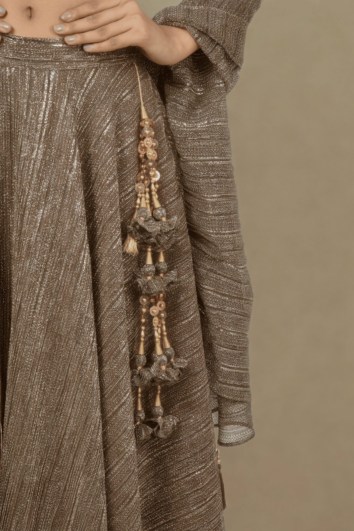 WALNUT BROWN CRUSHED JACQUARD LEHENGA