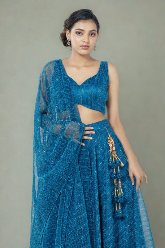 OXFORD BLUE CRUSHED JACQUARD LEHENGA