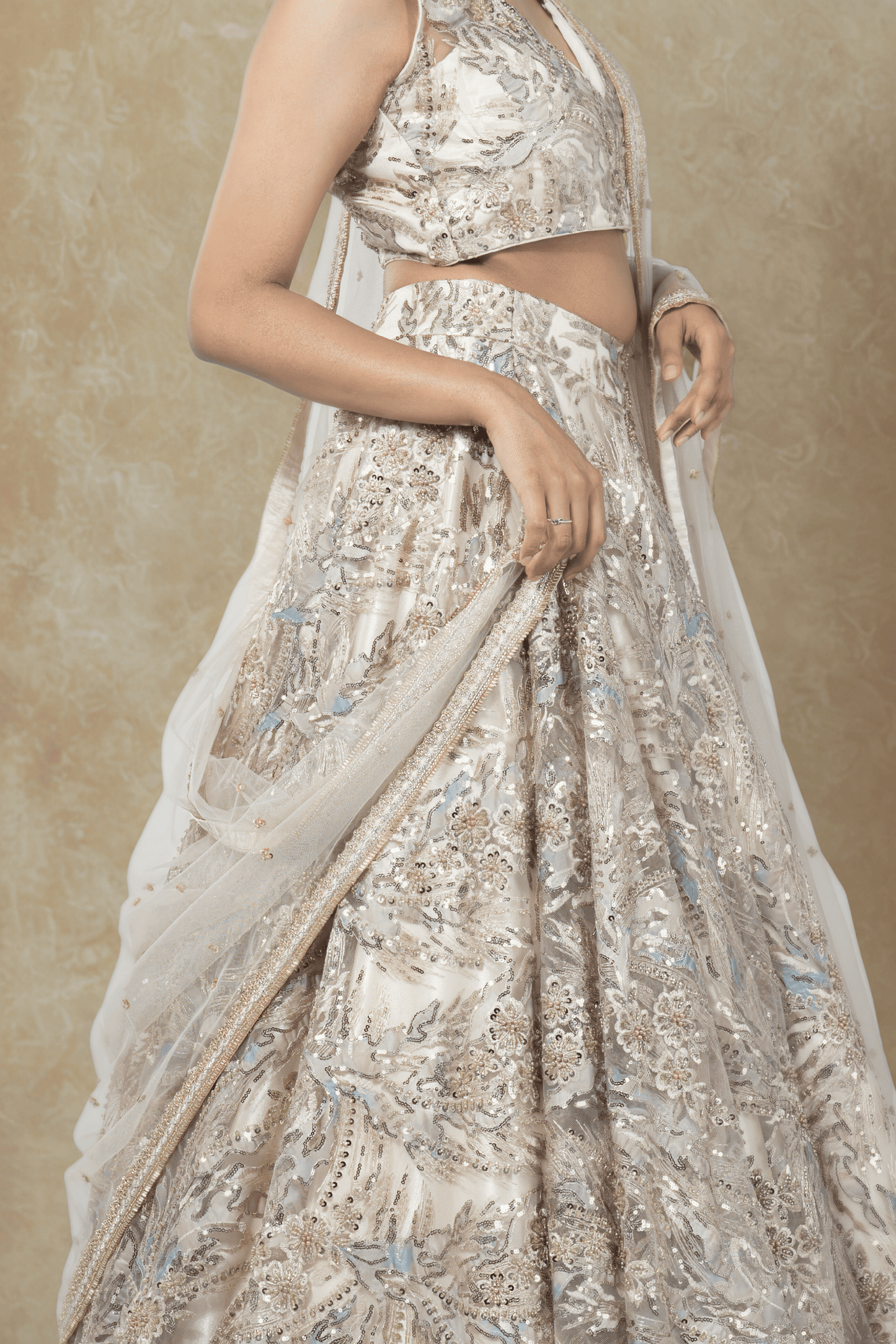 CHAMPAGNE APPLIQUÉ GOLD LEHENGA