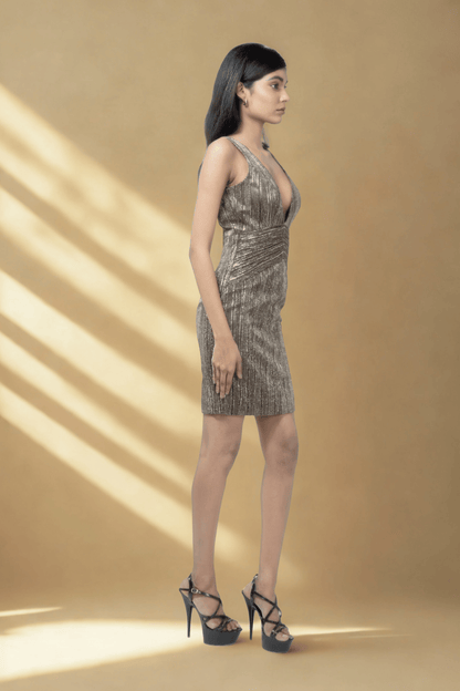 WALNUT BROWN CRUSHED JACQUARD BODYCON DRESS