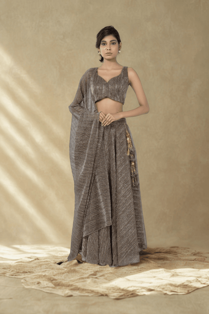 WALNUT BROWN CRUSHED JACQUARD LEHENGA
