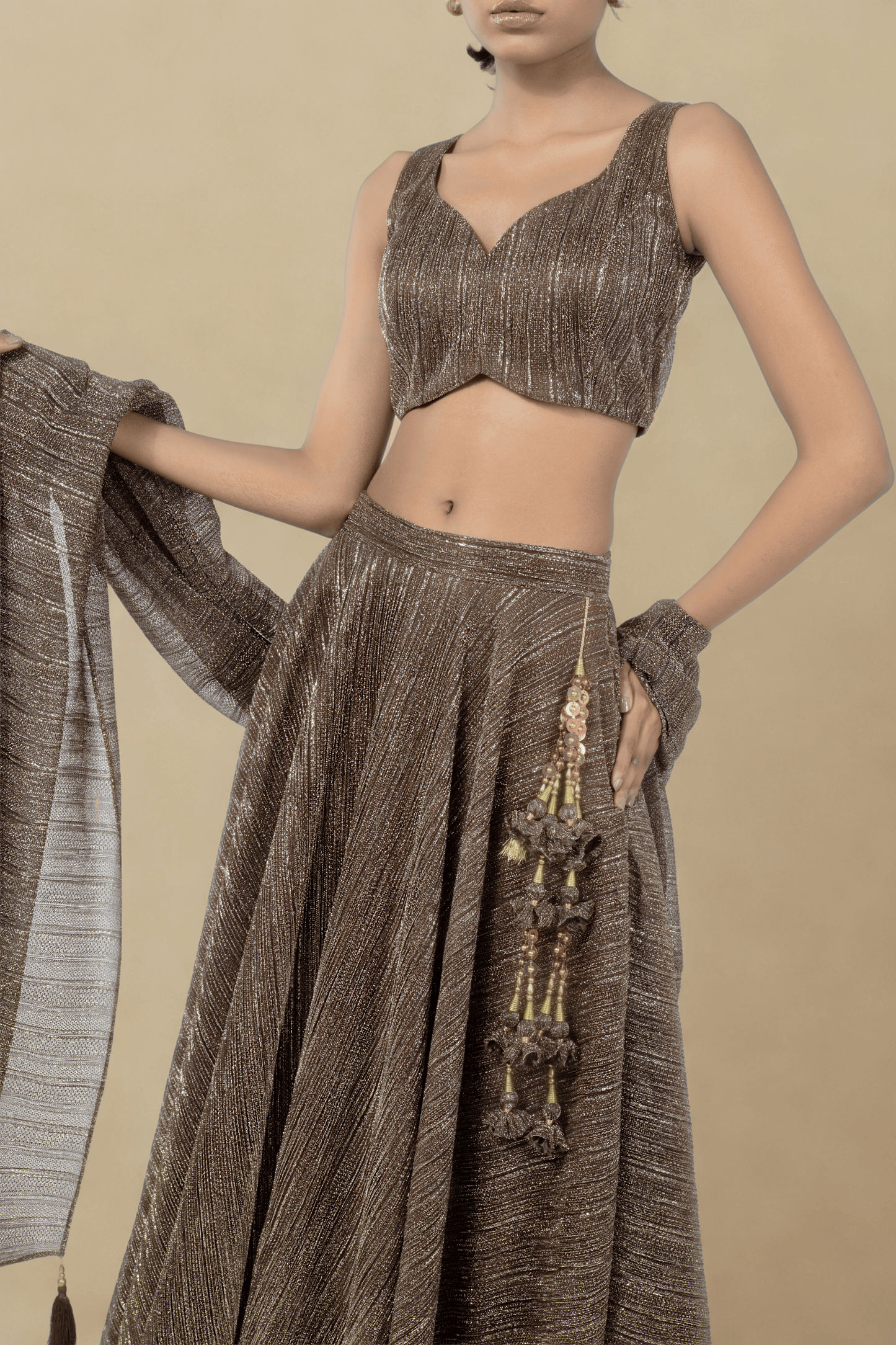 WALNUT BROWN CRUSHED JACQUARD LEHENGA