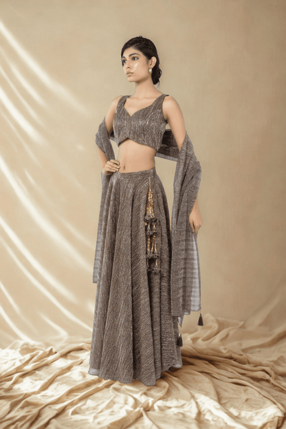 WALNUT BROWN CRUSHED JACQUARD LEHENGA
