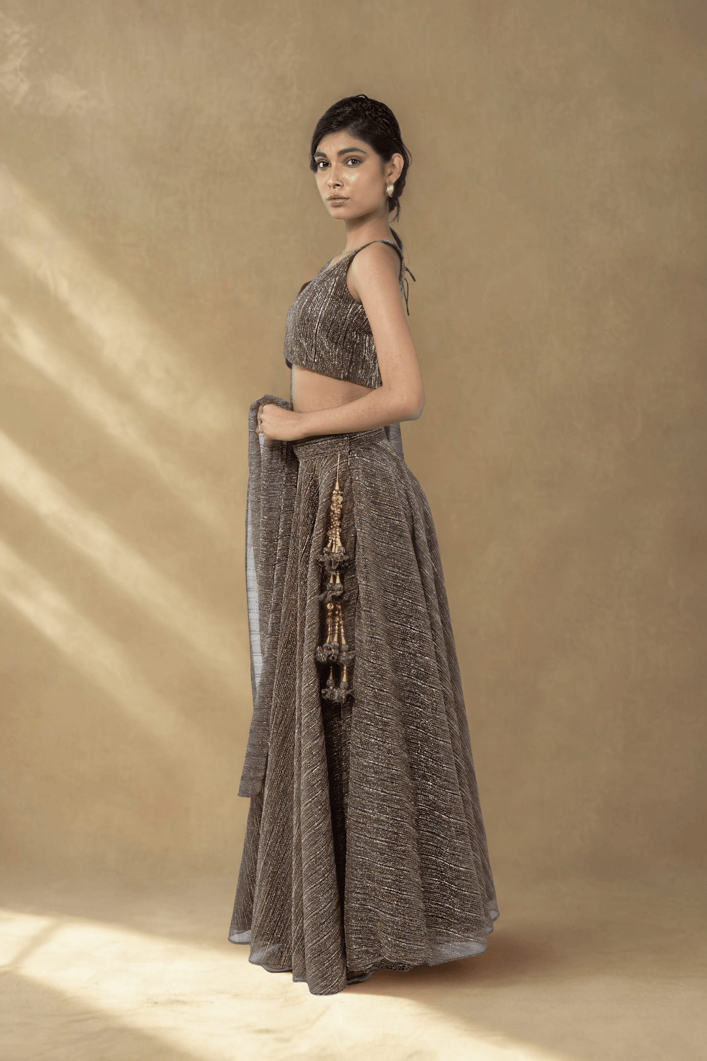 WALNUT BROWN CRUSHED JACQUARD LEHENGA