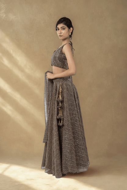 WALNUT BROWN CRUSHED JACQUARD LEHENGA