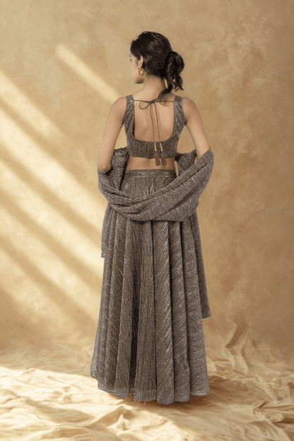 WALNUT BROWN CRUSHED JACQUARD LEHENGA