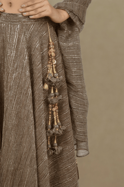 WALNUT BROWN CRUSHED JACQUARD LEHENGA