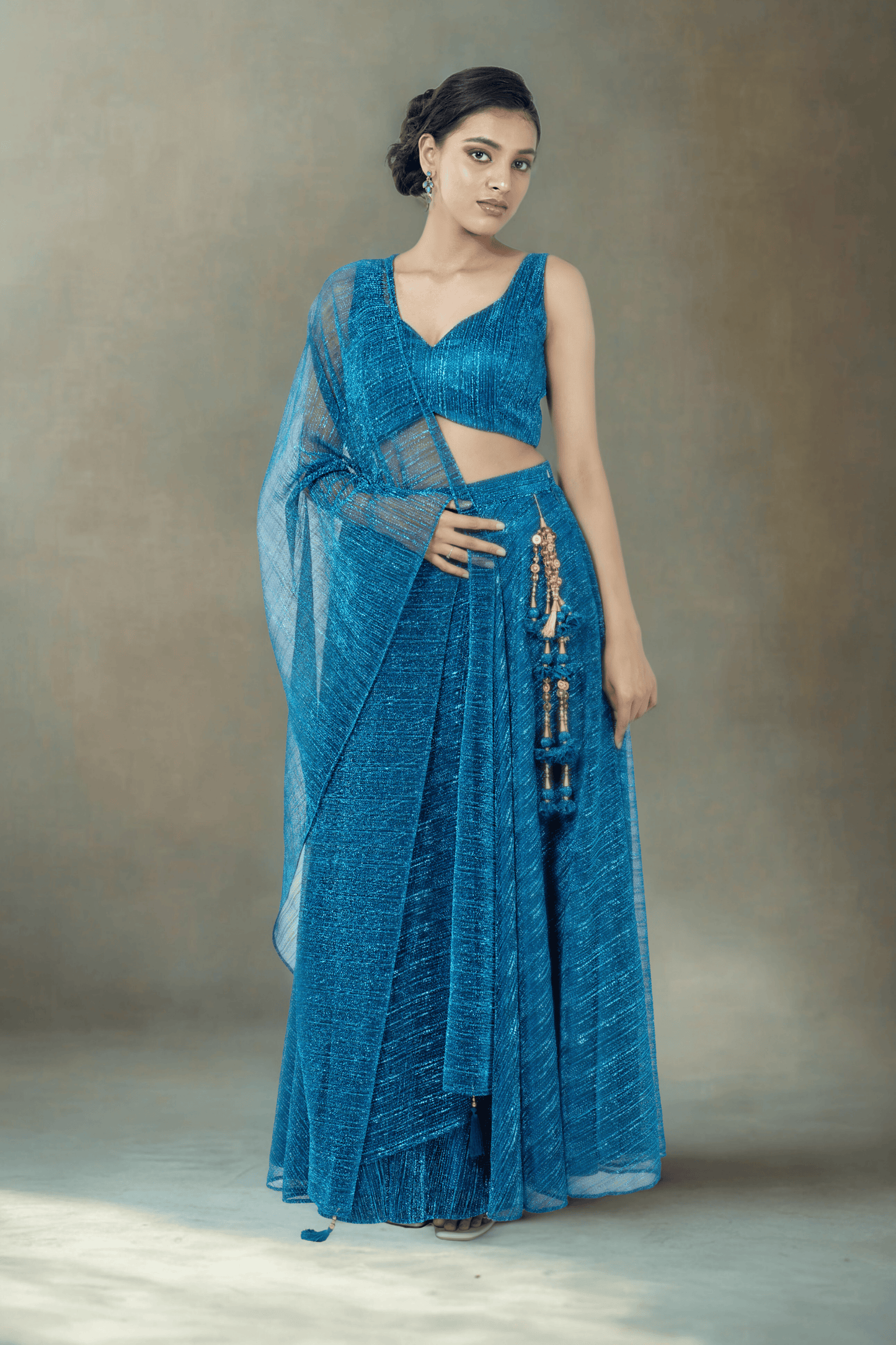 OXFORD BLUE CRUSHED JACQUARD LEHENGA