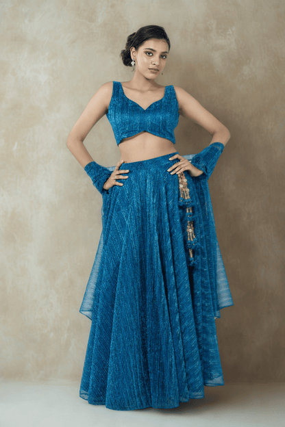 OXFORD BLUE CRUSHED JACQUARD LEHENGA