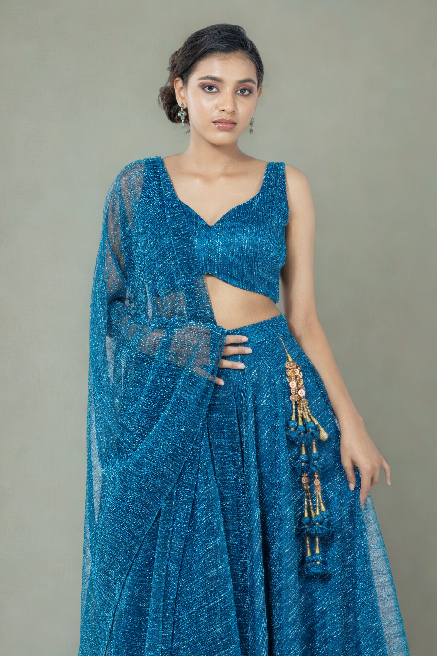 OXFORD BLUE CRUSHED JACQUARD LEHENGA