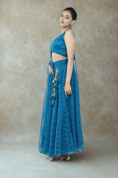 OXFORD BLUE CRUSHED JACQUARD LEHENGA