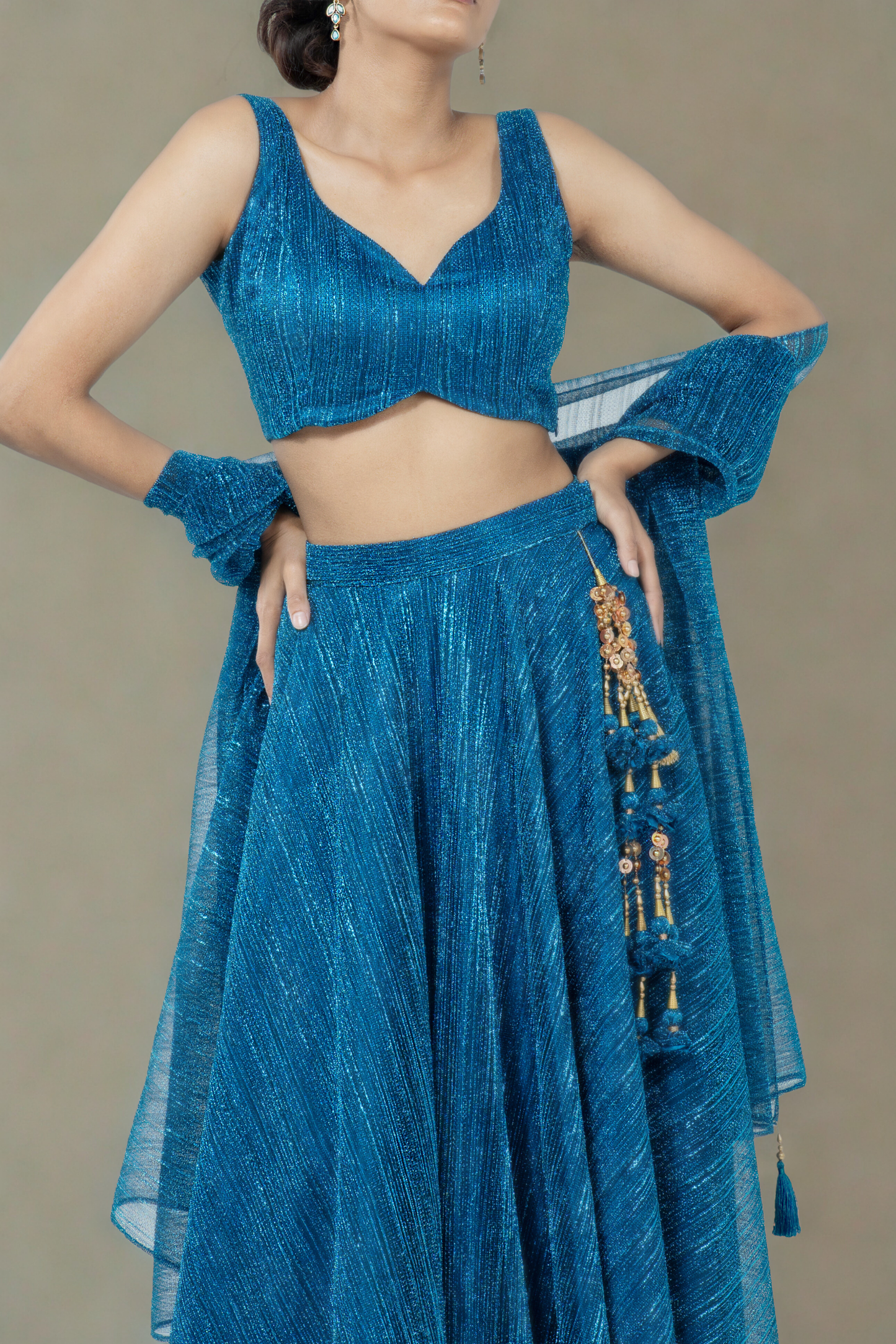OXFORD BLUE CRUSHED JACQUARD LEHENGA