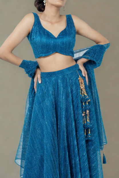 OXFORD BLUE CRUSHED JACQUARD LEHENGA