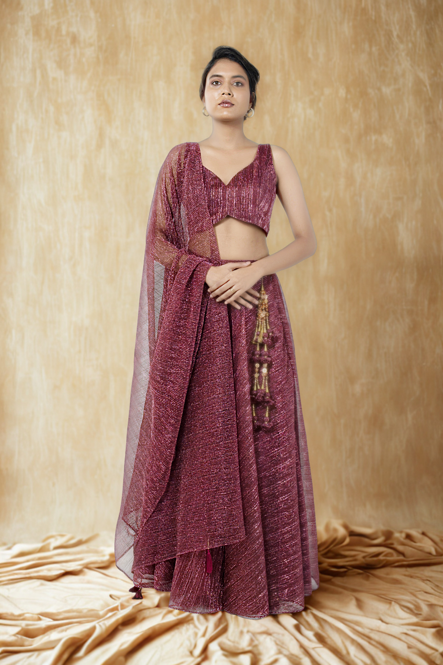 WINE RED CRUSHED JACQUARD LEHENGA