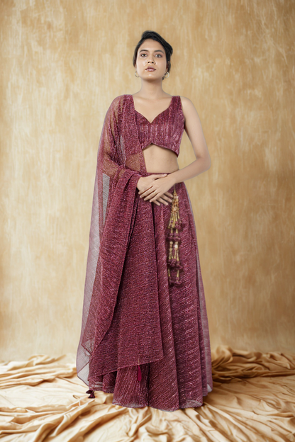 WINE RED CRUSHED JACQUARD LEHENGA