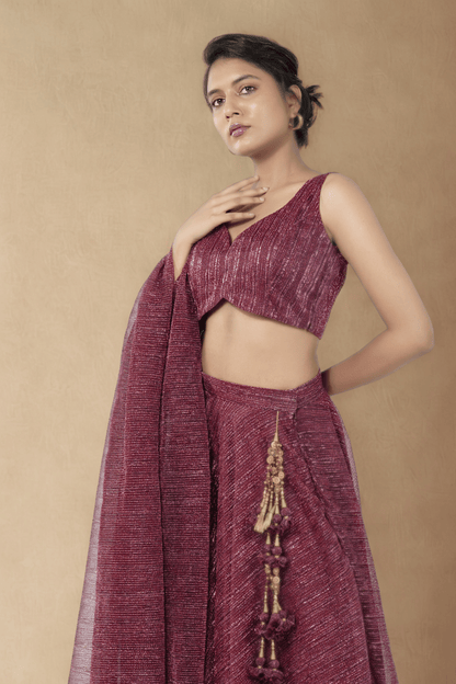 WINE RED CRUSHED JACQUARD LEHENGA