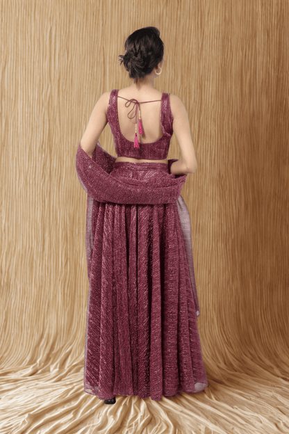 WINE RED CRUSHED JACQUARD LEHENGA