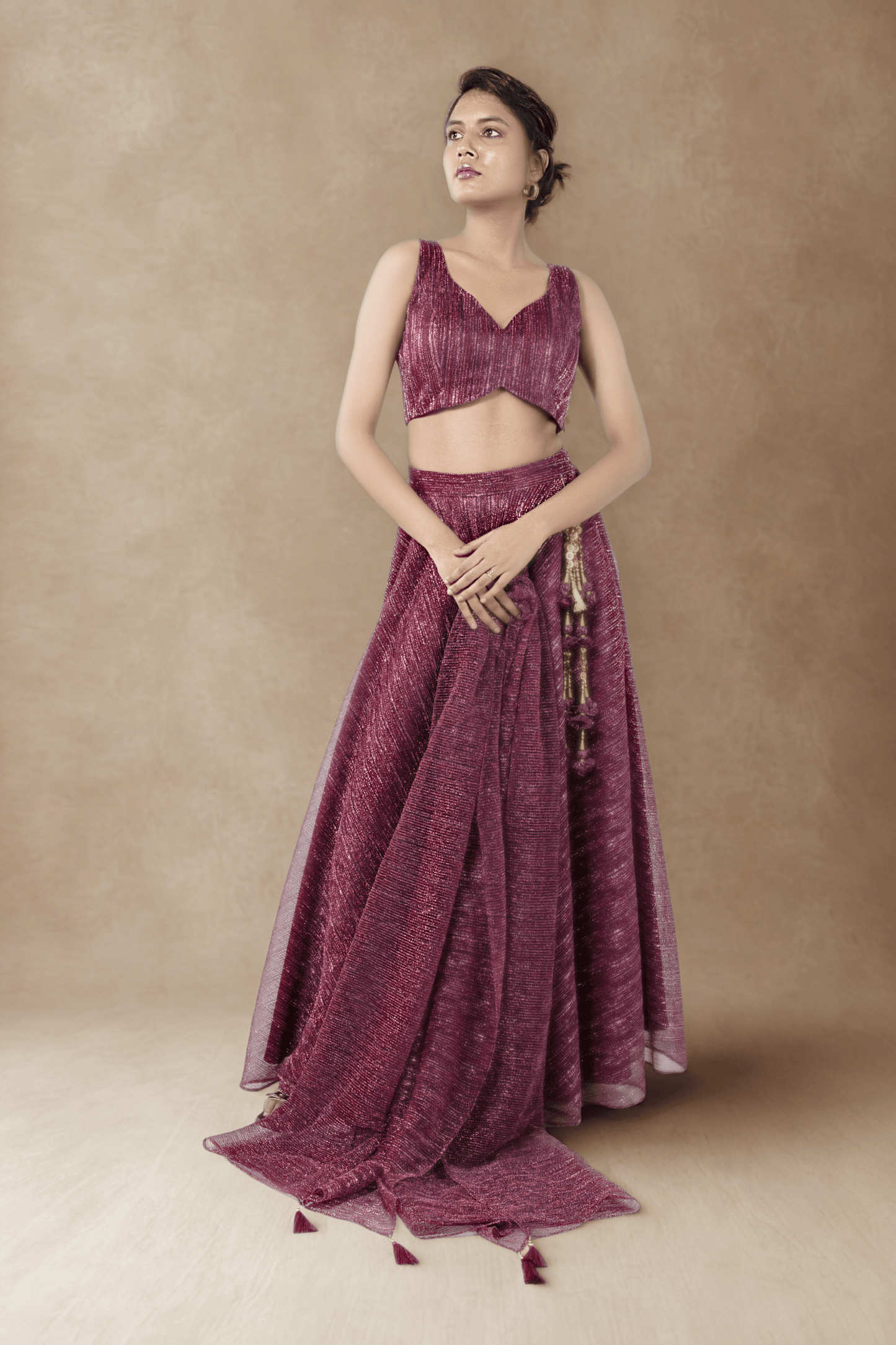 WINE RED CRUSHED JACQUARD LEHENGA