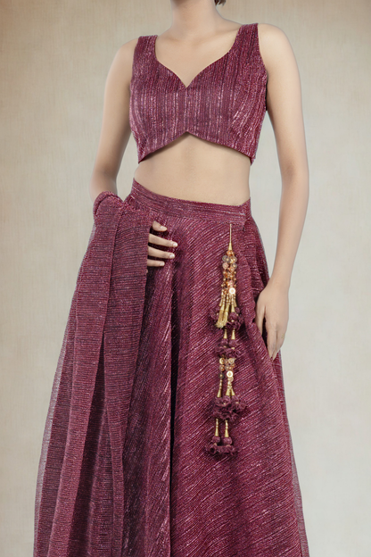 WINE RED CRUSHED JACQUARD LEHENGA