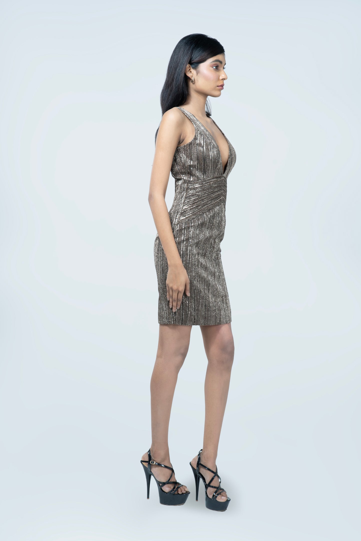 WALNUT BROWN CRUSHED JACQUARD BODYCON DRESS