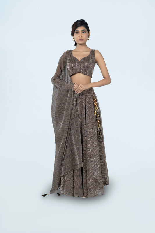 WALNUT BROWN CRUSHED JACQUARD LEHENGA