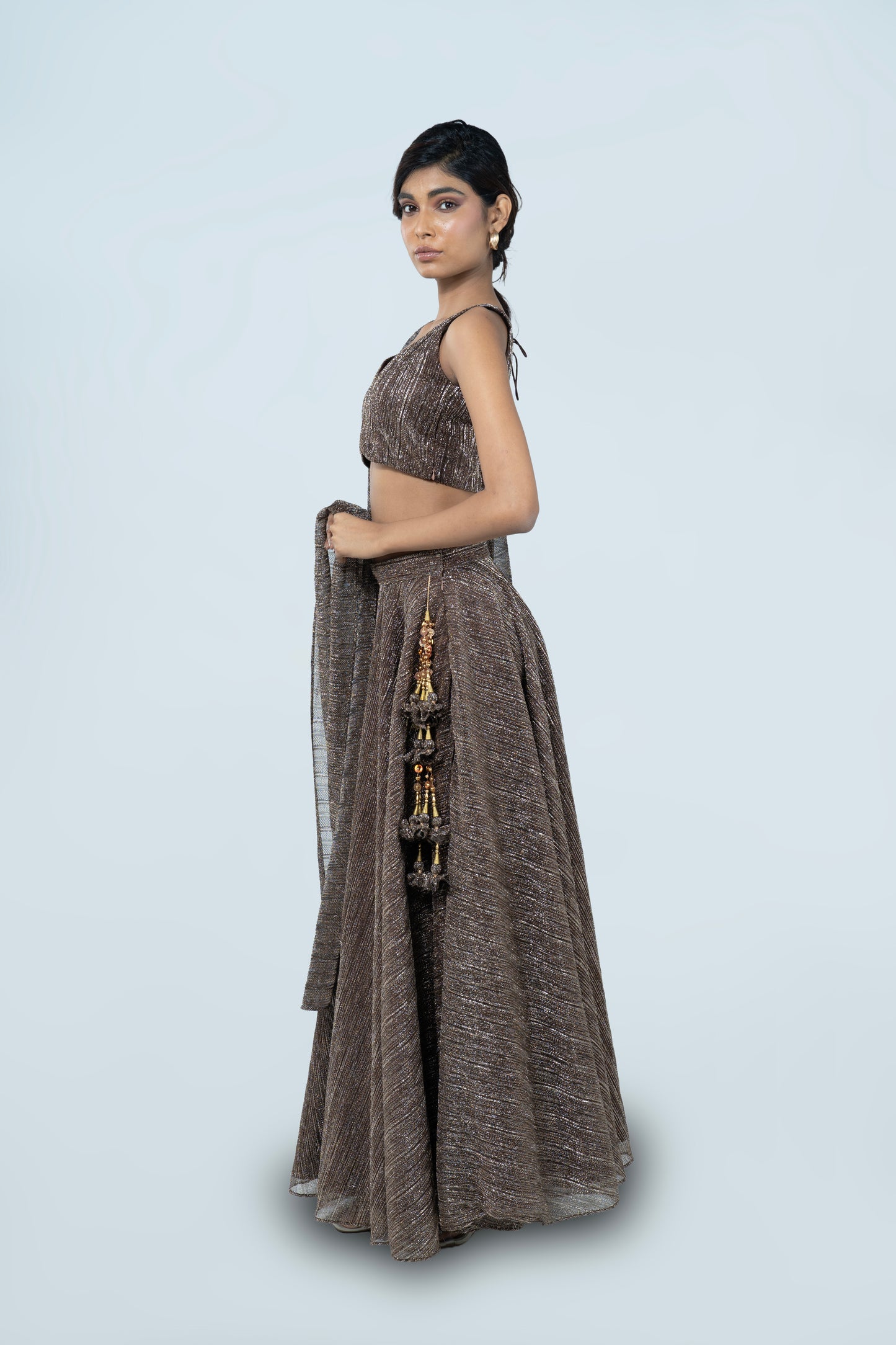 WALNUT BROWN CRUSHED JACQUARD LEHENGA