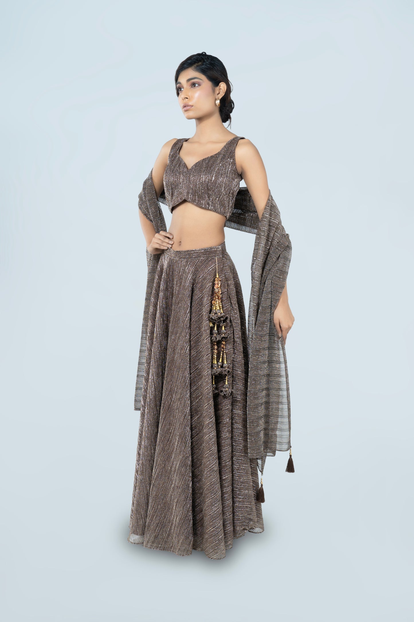WALNUT BROWN CRUSHED JACQUARD LEHENGA