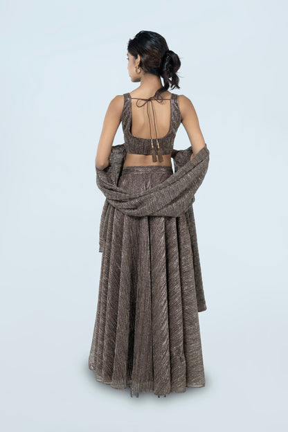 WALNUT BROWN CRUSHED JACQUARD LEHENGA