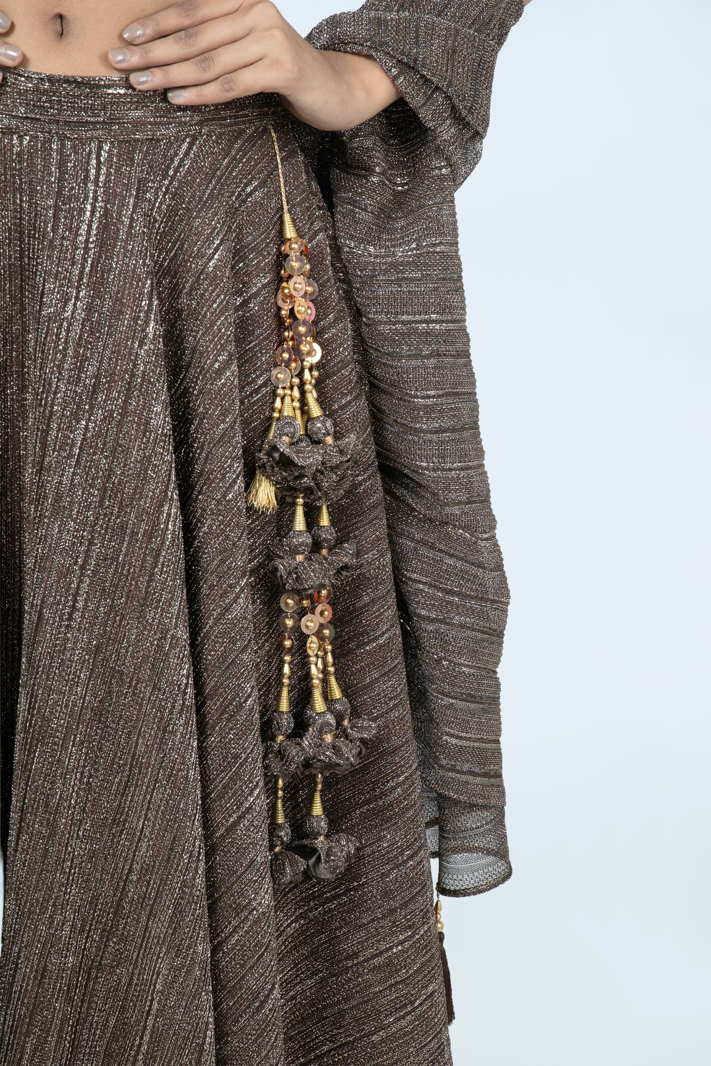 WALNUT BROWN CRUSHED JACQUARD LEHENGA