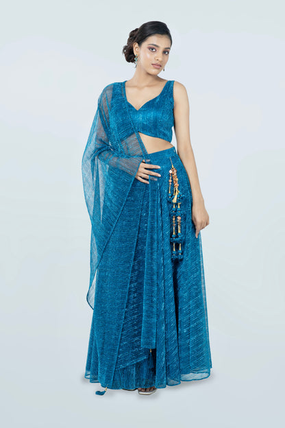 OXFORD BLUE CRUSHED JACQUARD LEHENGA
