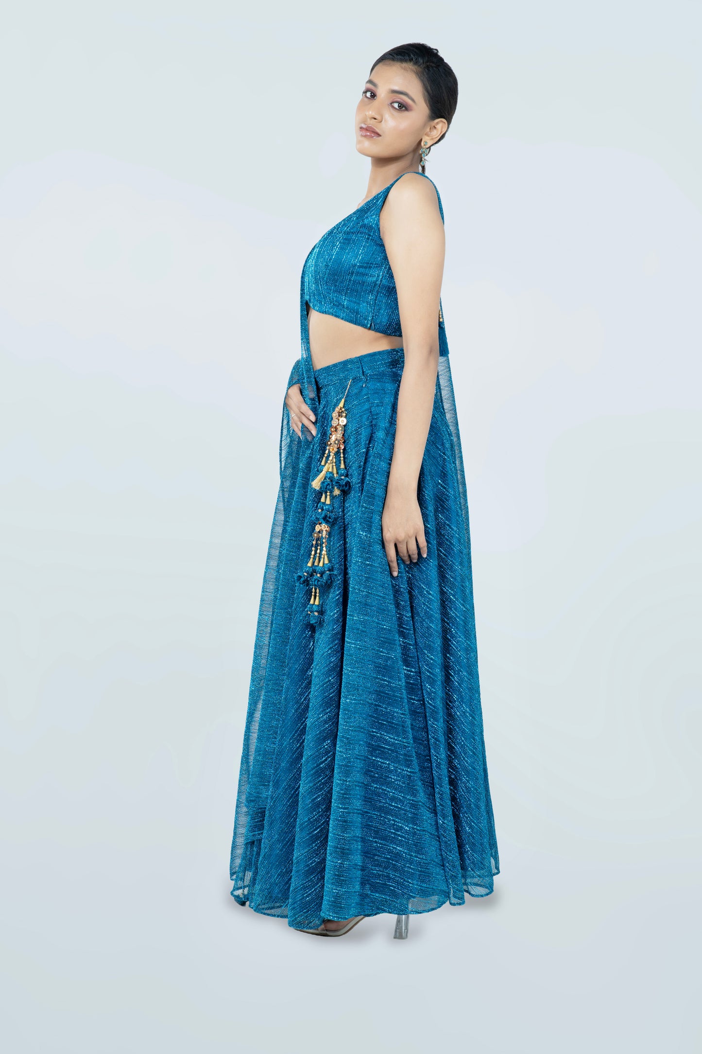 OXFORD BLUE CRUSHED JACQUARD LEHENGA
