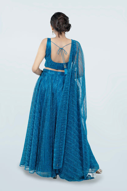 OXFORD BLUE CRUSHED JACQUARD LEHENGA
