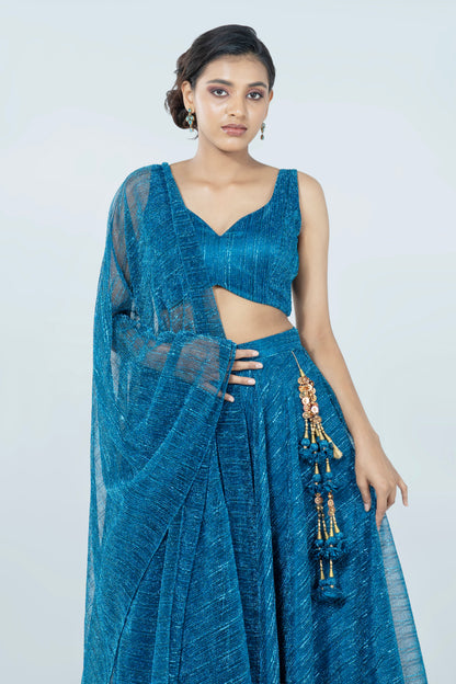 OXFORD BLUE CRUSHED JACQUARD LEHENGA