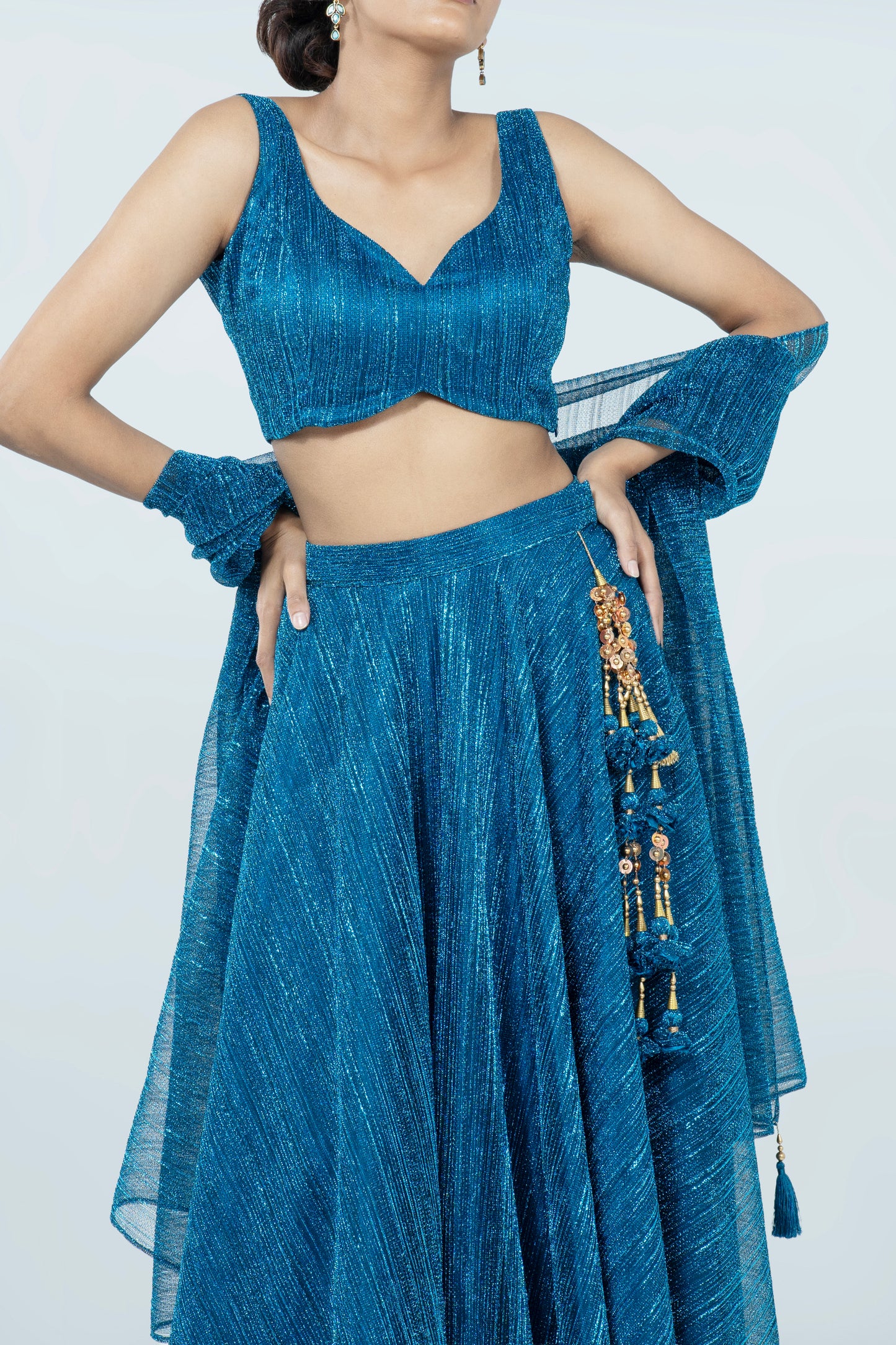 OXFORD BLUE CRUSHED JACQUARD LEHENGA
