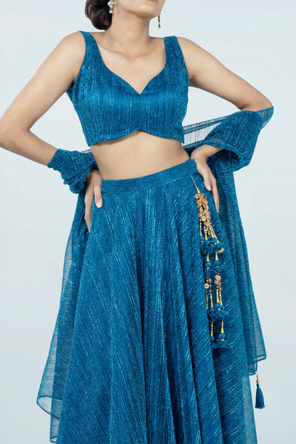 OXFORD BLUE CRUSHED JACQUARD LEHENGA