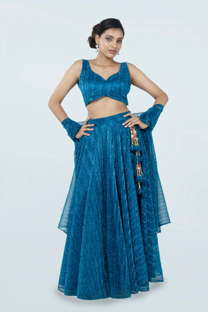 OXFORD BLUE CRUSHED JACQUARD LEHENGA