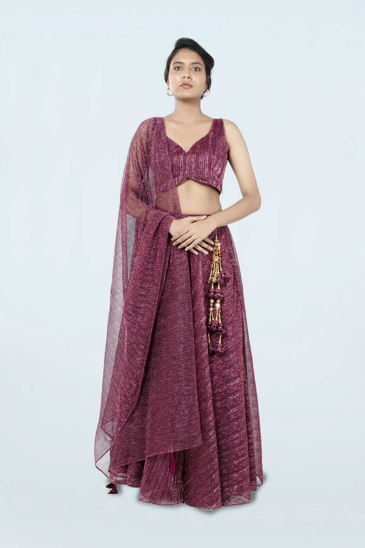 WINE RED CRUSHED JACQUARD LEHENGA