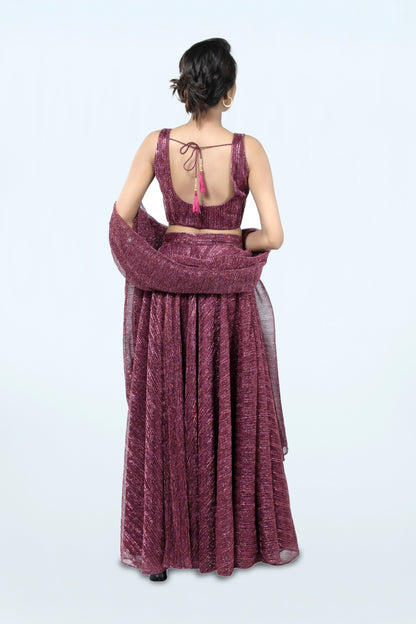 WINE RED CRUSHED JACQUARD LEHENGA