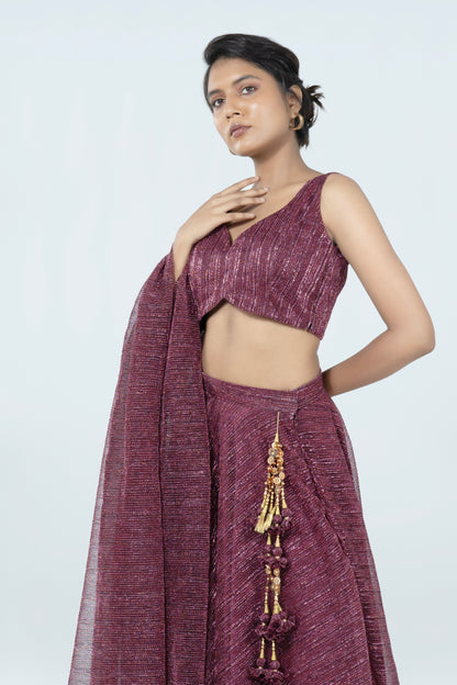 WINE RED CRUSHED JACQUARD LEHENGA